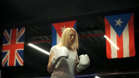 Chica-hermosa-boxeador-en-guantes-entrena-a-un-montón-de-golpes