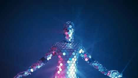 Someone-making-yoga-fitness-exercise-in-futuristic-mirror-suit-under-neon-lights.-Future-concept.-Authentic-shot