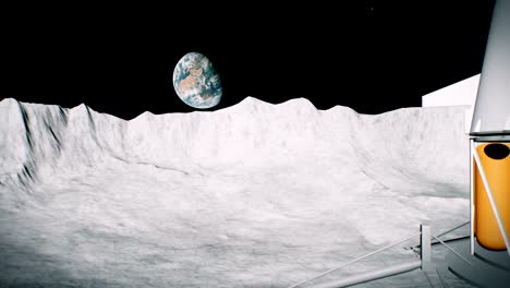 Astronauta-en-la-luna-en-el-cráter-cerca-de-la-saluda-de-lander.-Animación-de-fondo-en-3D