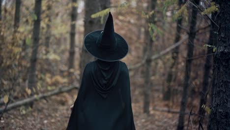 Unrecognizable-woman-as-black-witch-walks-between-trees-in-autumn-forest.Girl-in-long-dress,-cape,-fairy-hat.-Halloween-concept,-cosplay-dressing-up