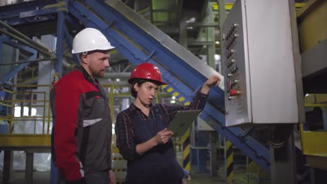 Male-Engineer-Giving-Advice-to-Female-Colleague-at-Factory