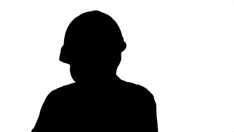 Silhouette-böse-Frau-Bauarbeiter-in-einen-Bauarbeiterhelm-schreien,-sprechen-auf-smartphone