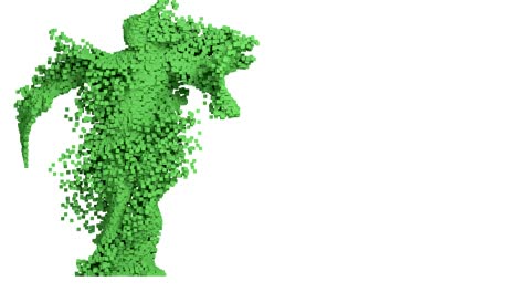 Futuristic-human-figure-in-green-plastic-dissolves-himself