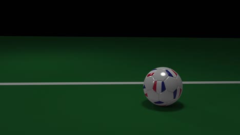 Realistic-soccer-ball-with-flag-of-France-crosses-line-of-football-goal,-3d-rendering,-prores-footage.