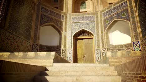 Madrasa-detail-in-Bukhara,-Uzbekistan