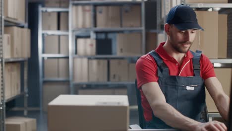 Portrait-of-Uniformed-Worker-Using-Personal-Computer-while-Sitting-at-His-Desk-in-the-Warehouse.