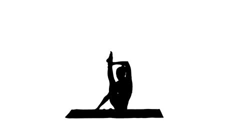 Silhouette-sportlich-Yogi-Mädchen-Fitness-Übung,-Strecken,-Yoga-Asana-Parivritta-Kraunchasana