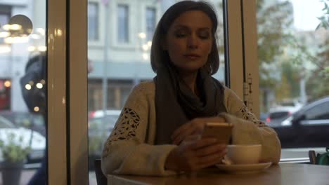 Elegant-woman-sitting-in-cafe,-drinking-tea-and-answering-e-mails-on-smartphone