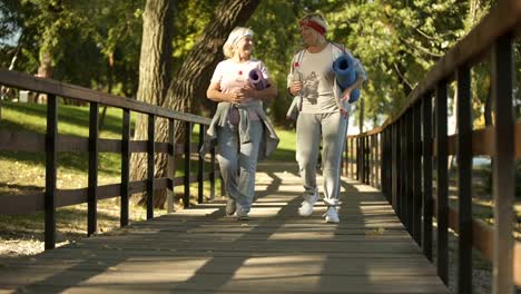 Mother-and-daughter-going-to-do-yoga-on-sunny-day-in-park,-healthy-lifestyle