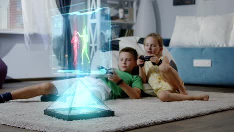 Kinder-spielen-futuristisches-Videospiel