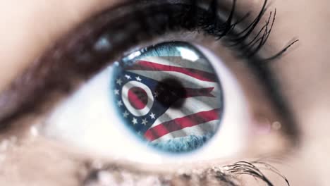 Woman-blue-eye-in-close-up-with-the-flag-of-Ohio-state-in-iris,-united-states-of-america-with-wind-motion.-video-concept