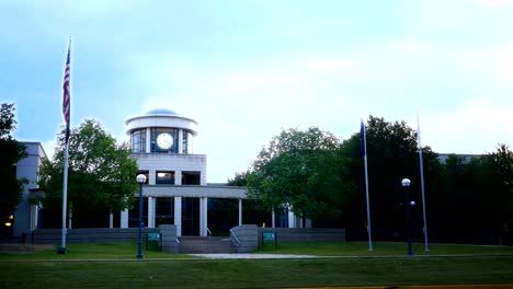 Establishing-shot-of-modern-town-hall-building-in-rural-american-town