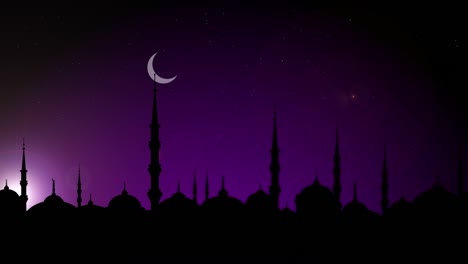 Nahtlose-Schleife-Bewegung-von-der-Silhouette-der-Moschee-in-der-mit-Neumond-in-der-Nacht.-Islamischer-Feiertag-Hintergrundanimation.