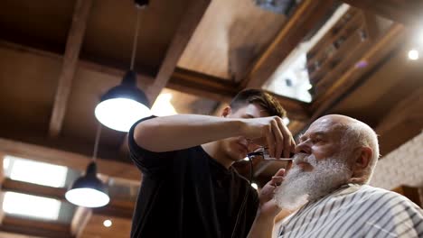 Stylist-cuts-gray-haired-senior-man-in-barbershop