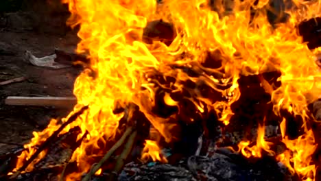 Close-up-of-fire-burn-wood-pile-with-slow-motion