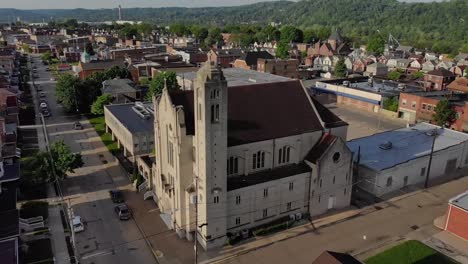 Morning-Forward-Aerial-Exterior-of-Church-in-Small-Town