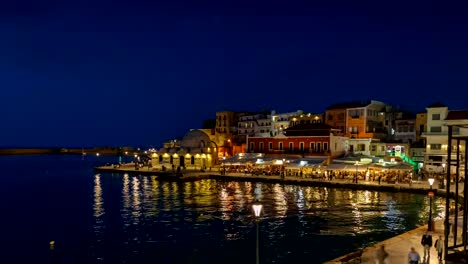 Timelapse-nocturno-de-Chania,-Creta,-Grecia