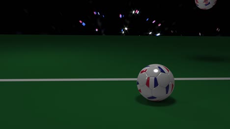 Soccer-ball-with-flag-of-France-and-a-soccer-ball-with-flag-of-Croatia-cross-goal-line,-3d-rendering,-prores-footage.