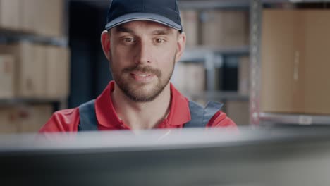 Portrait-of-Uniformed-Worker-Using-Personal-Computer-while-Sitting-at-His-Desk-in-the-Warehouse.-In-the-Background,-Room-with-Shelves-Full-of-Cardboard-Box-Packages-Ready-For-Shipping.