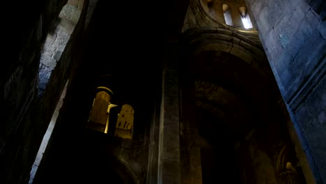 Ancient-cathedral,-catholic-orthodox-christian-church.-Old-historic-building,-inside-the-interior.-Panorama,-camera-movement