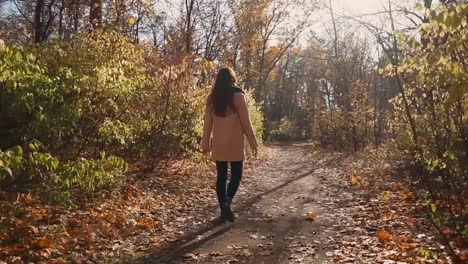 Chica-caminando-en-un-bosque-solo.