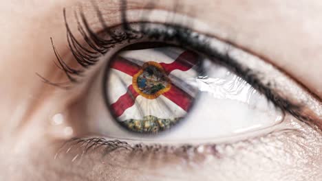 Woman-green-eye-in-close-up-with-the-flag-of-Florida-state-in-iris,-united-states-of-america-with-wind-motion.-video-concept