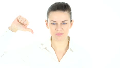 Thumbs-Down-by-Woman,-White-Background