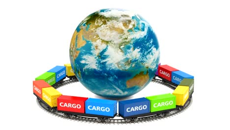 Cargo-delivery-by-railway-around-the-Earth-Globe,-3D-rendering