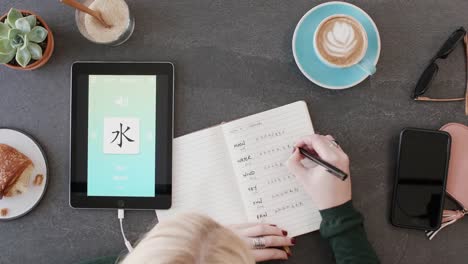 Frau-mit-Fremdsprache-lernen-chinesische-Handy-app