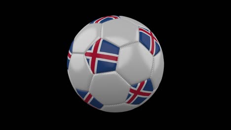 Balón-de-fútbol-con-los-colores-de-la-bandera-de-Islandia-gira-sobre-fondo-transparente,-render-3d,-prores-4444-con-canal-alfa,-lazo