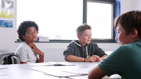 Three-Male-High-School-Students-Sitting-Around-Table-In-Classroom-During-Lesson