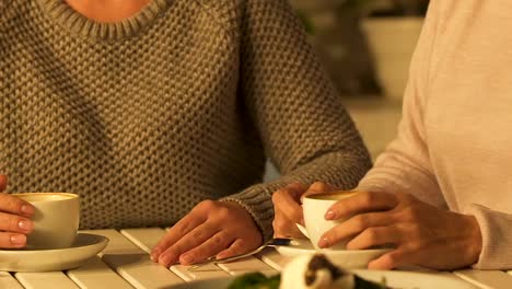 Woman-stroking-friend-hand-in-support,-two-sisters-experiencing-grief-together