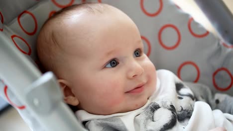 Lindo-bebé-niño-sentado-en-la-silla-de-paseo,-mirando-y-sonriendo.-Inocencia-y-el-niño-las-emociones