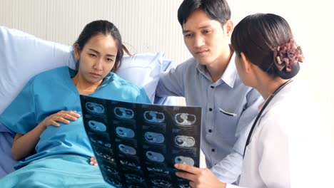Arzt-zeigt-Röntgenfilm,-schwangere-Frau-und-ihr-Mann-mit-schweren-Emotion.-Menschen-mit-Gesundheits--und-medizinischen-Konzept.