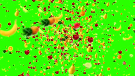 Früchte-Animation-im-Strudel-auf-green-Screen-Chroma-Key-Hintergrund-mit-ausblenden,-nahtlose-Schleife-fliegen