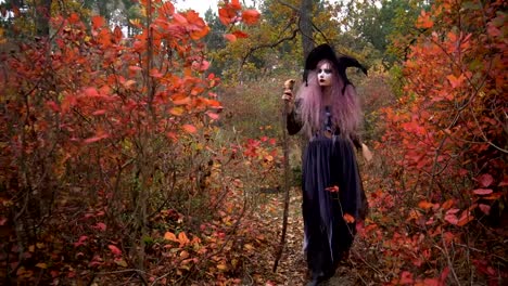Young-pink-hair-witch-in-hat-walking-in-the-mystical-autumn-forest.-Halloween-preparation.
