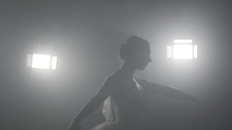 Professional-ballerina-dancing-ballet-in-spotlights-in-dark-classroom.-Beautiful-caucasian-young-girl-wearing-white-tutu-dress.-Black-white-vintage-retro-effect-tonned.-Slow-motion