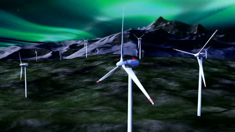 Windgeneratoren-gegen-Nachthimmel-mit-borealis