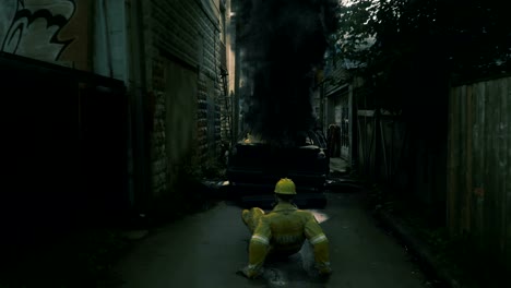 Animation-of-a-firefighter-being-thrown-backwards-by-an-explosion.