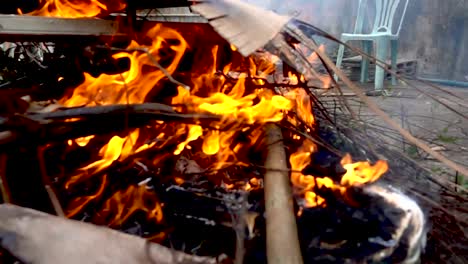 Close-up-of-fire-burn-wood-pile-with-slow-motion