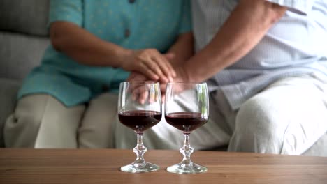 Senior-couple-sitting-and-talking-with-red-wine-glass-on-table-in-living-room.