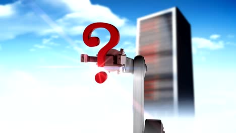 Digitally-generated-video-of-white-robotic-arm-holding-red-question-mark-3d-near-server