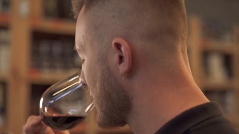 Portrait-of-handsome-male-sniffing-wine-in-the-glass-close-up-in-profile-Man-tastes-alcohol-drink-and-admires-it