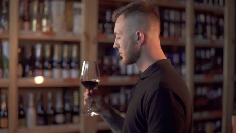 Portrait-of-handsome-male-in-profile-sniffing-wine-in-the-glass.-Man-raise-up-alcohol-drink-glass.-Customer-is-in-alcohol-shop.