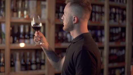 Portrait-of-handsome-male-in-profile-shaking-wine-in-the-glass-Man-admires-alcoholic-drink