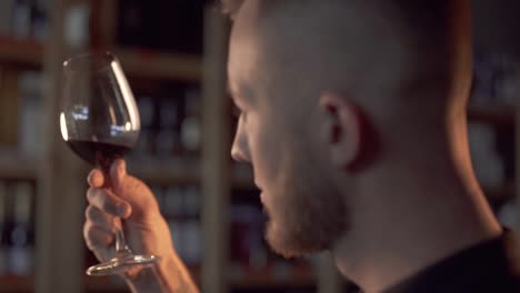 Retrato-de-hombre-guapo-en-perfil-sacudida-vino-en-el-cristal,-el-hombre-admira-la-bebida-alcohólica