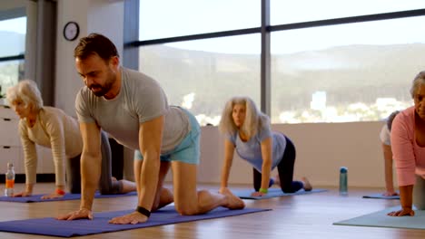 Entrenador-de-asistencia-a-senior-femenino-en-la-realización-de-yoga-4k