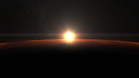 Sonnenaufgang-über-dem-Planeten-Mars.-Der-Mars-dreht-sich-langsam.-Sterne-funkeln.-Blick-vom-Platz.-Sternenhimmel.-4K.