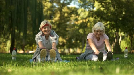 Mittleren-und-älteren-Alter-Frauen-trainieren-im-Park,-dehnen-ihren-Körper