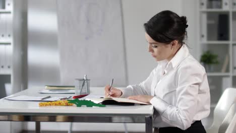 Empresaria-trabajando-en-escritorio-mientras-que-el-hijo-pequeño-jugando-en-la-oficina